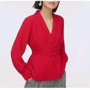 J.Crew Drapey Faux Wrap Crepe Blouse V-Neck Button Cuffs Peplum Red Size 4